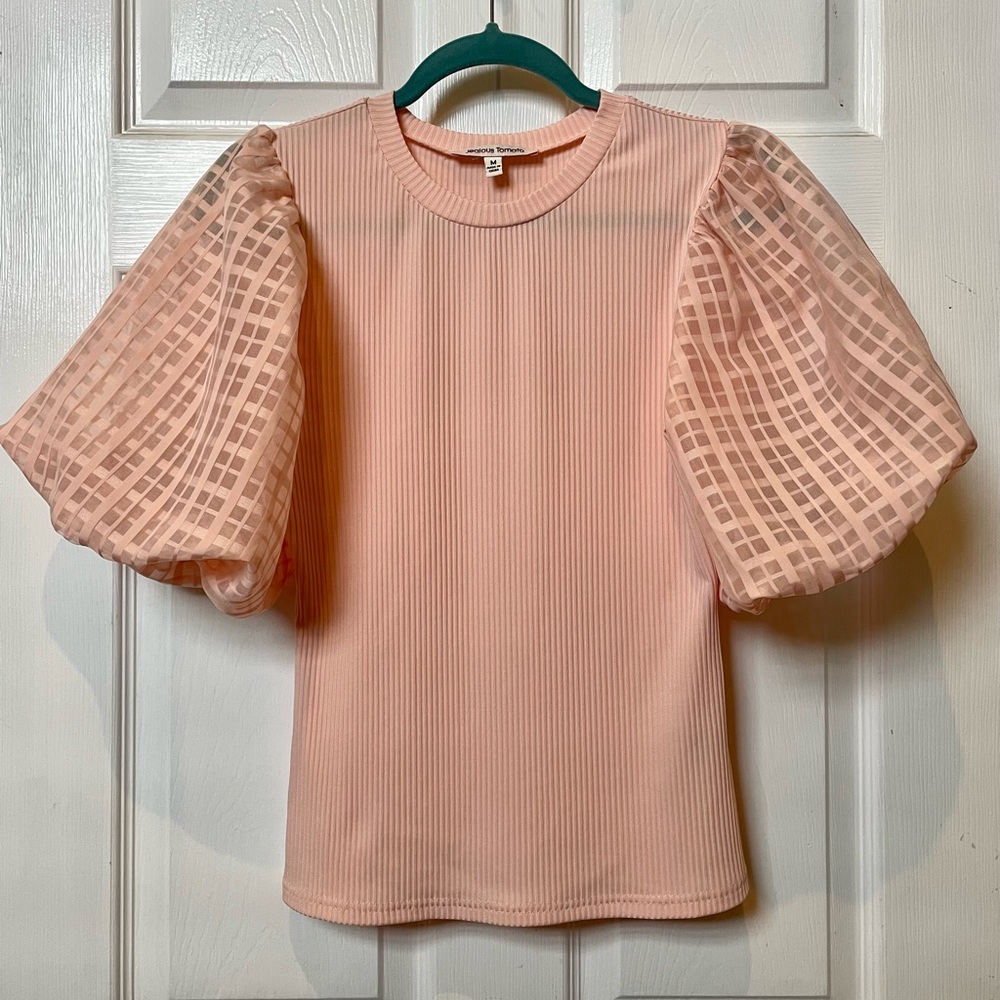 Pink Ribbed Knit Top with Puffy Sleeves